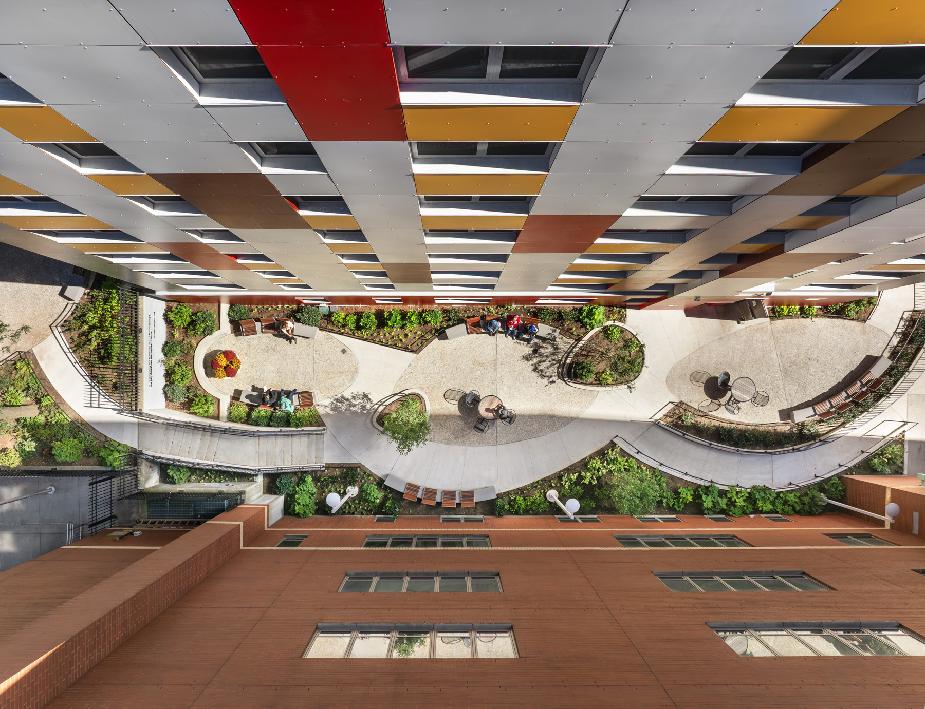 Aerial View of NYCHA PACT Marshall Plaza Landscape Courtyard – Manhattan NYC Aerial view of landscaped courtyard and circulation paths at NYCHA PACT Marshall Plaza housing redevelopment in Washington Heights, New York City.
