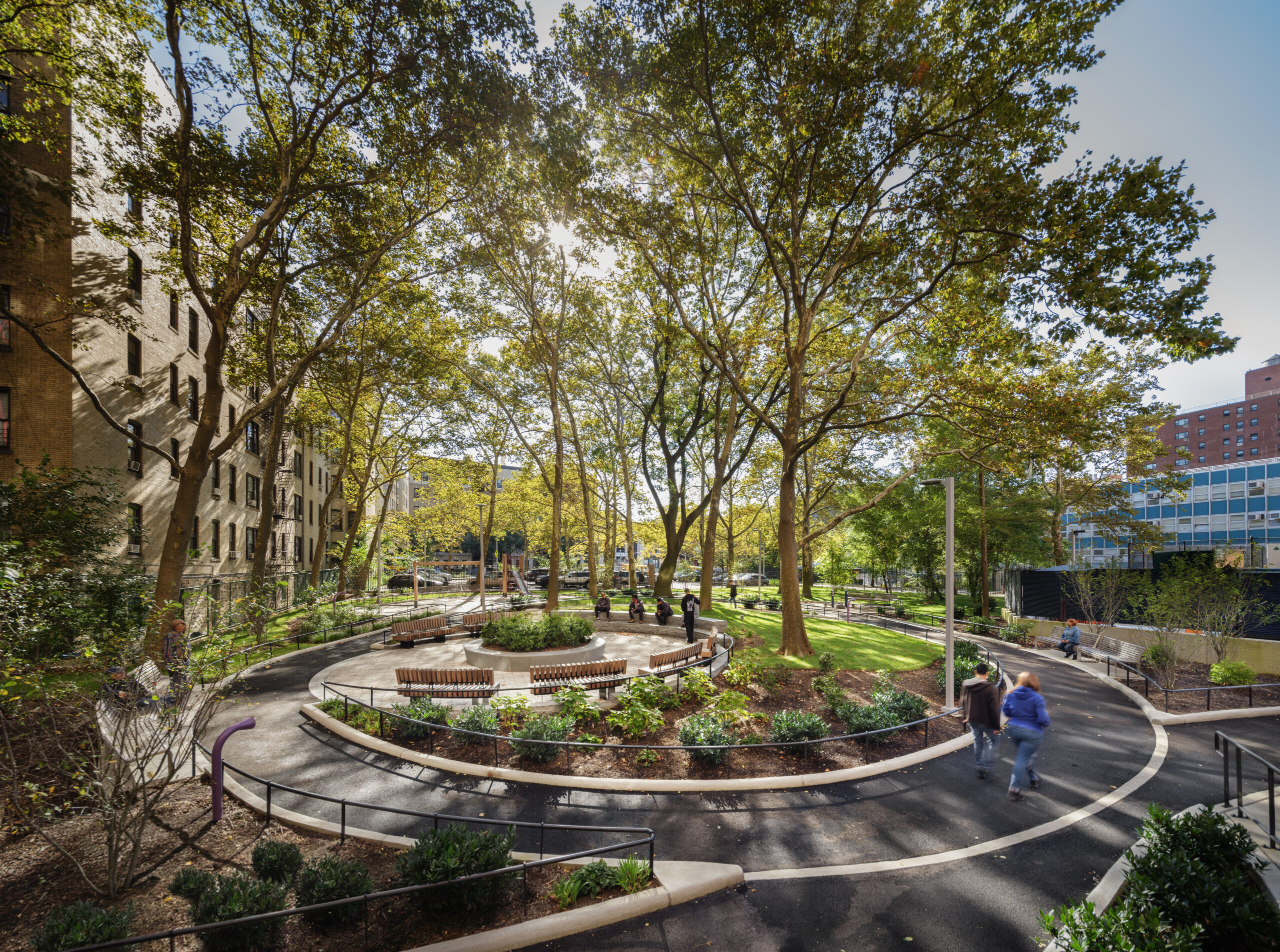 Bethune Gardens – Landscape Overview Community gathering landscape with mature trees and looping pathways at Bethune Gardens NYCHA PACT landscape renovation in Washington Heights, Manhattan